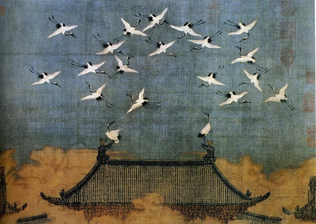 Song dynasty painting of cranes flying above palace